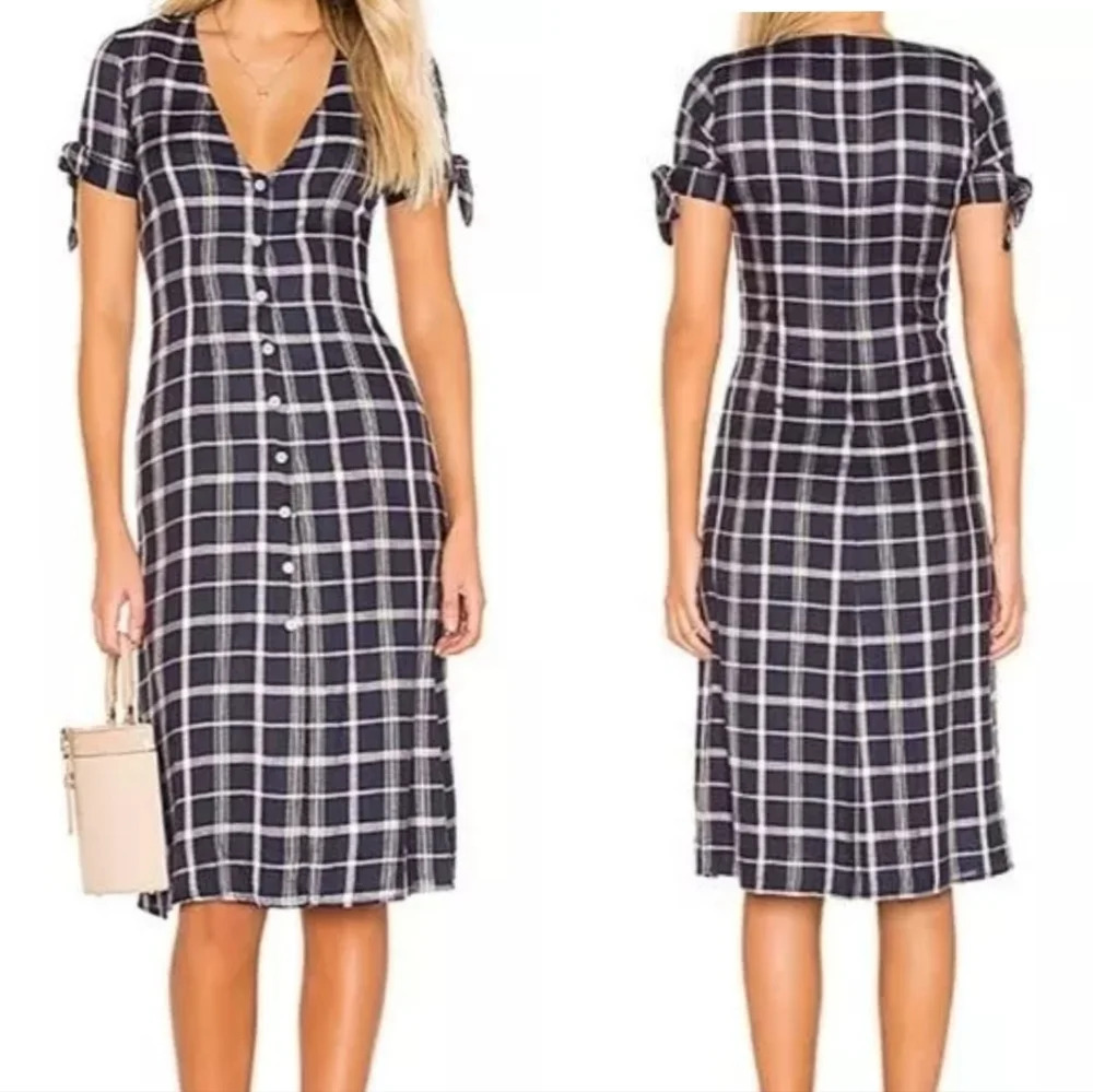 Privacy Please Jasper Midi Dress in Pink and Navy Blue Plaid V-Neck Medium